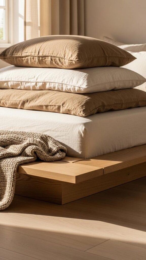 Low Platform Bed With Layered Linen Bedding