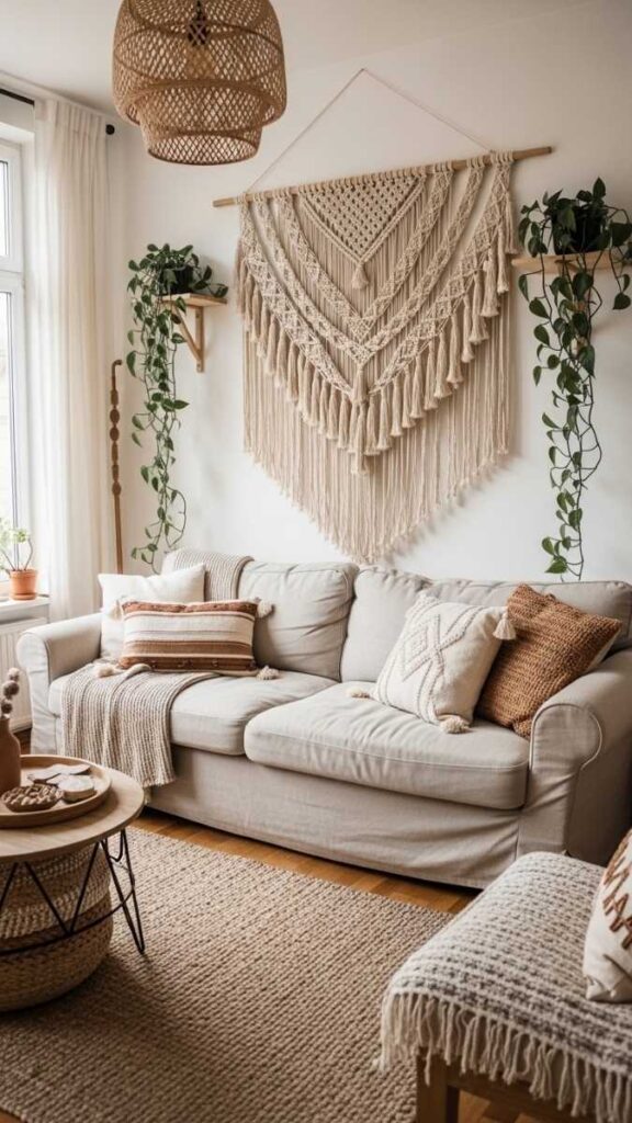 Macramé Panel Flanked by Small Potted Shelf Plants