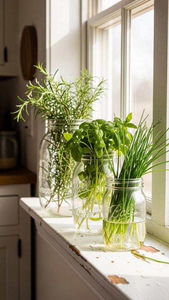 Mason Jar Herb Garden on the Windowsill