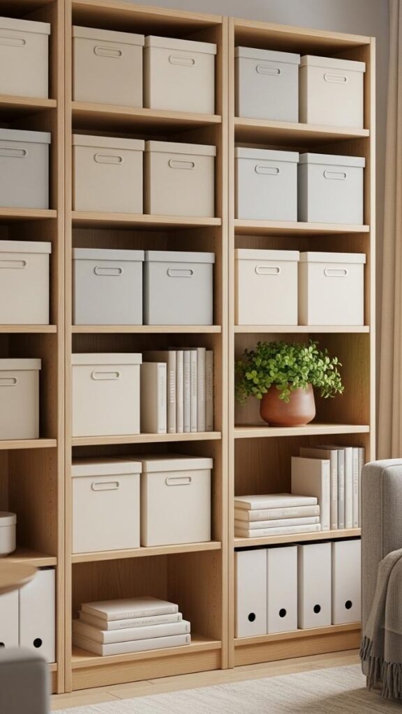 Matching Storage Boxes on Open Shelves