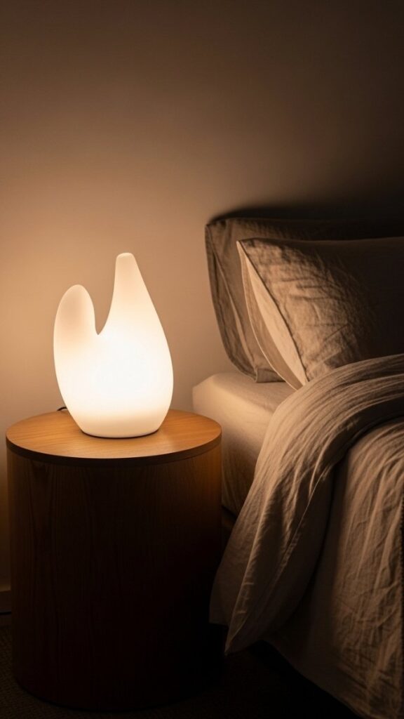 Minimal Nightstands With Single Sculptural Lamp