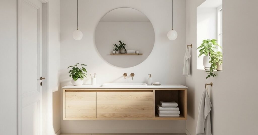 27 Minimalist Bathroom Decor Ideas That Make Small Spaces Feel Intentional and Calm Modern minimalist bathroom with plants.