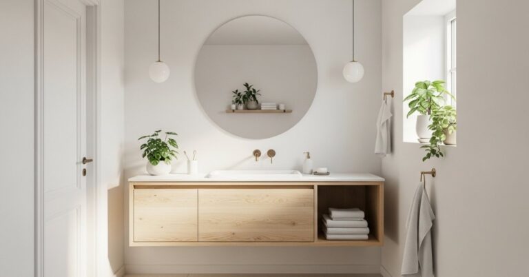 Modern minimalist bathroom with plants.