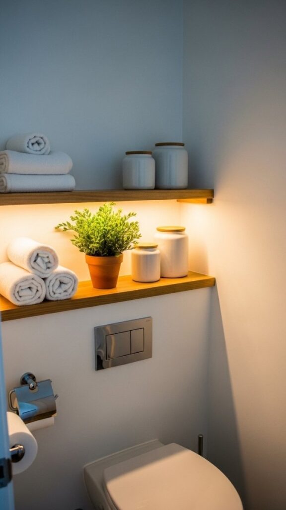 Mount a Narrow Wooden Shelf Above the Toilet for Functional Wall Space