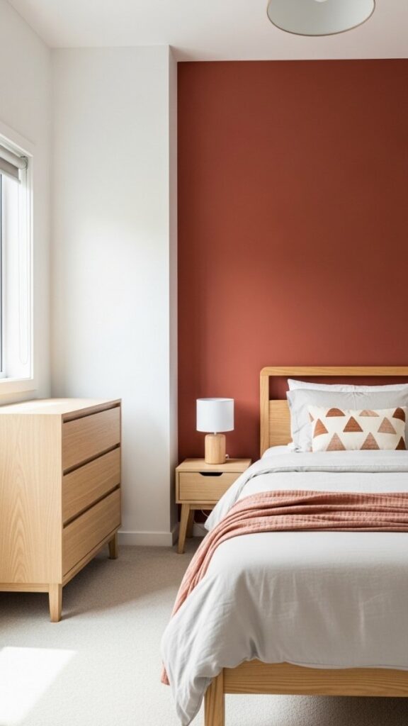 Neutral Base with Bold Accent Wall Behind the Bed