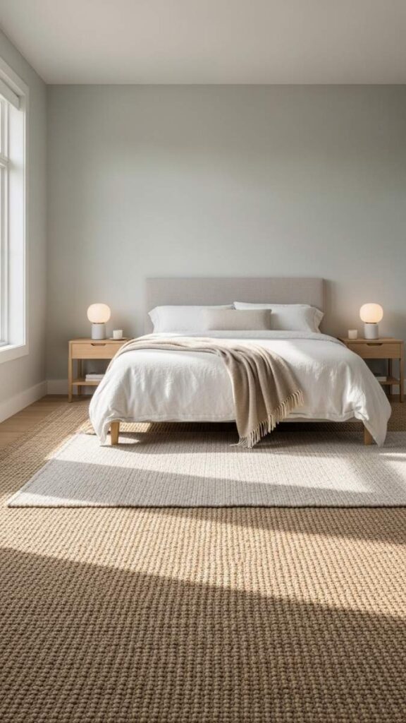 Neutral Bedroom With Layered Rug Strategy