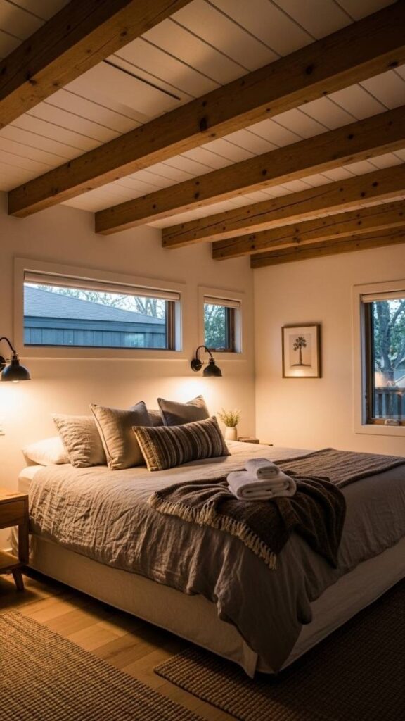 Neutral Bedroom With Natural Wood Ceiling Beams