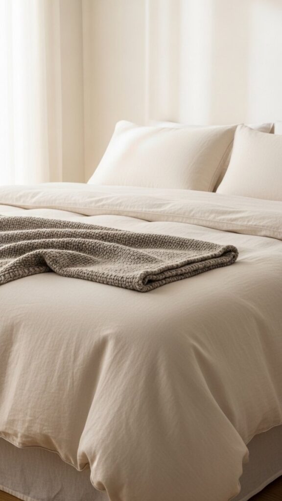Neutral Linen Bedding Layered With a Single Texture Throw