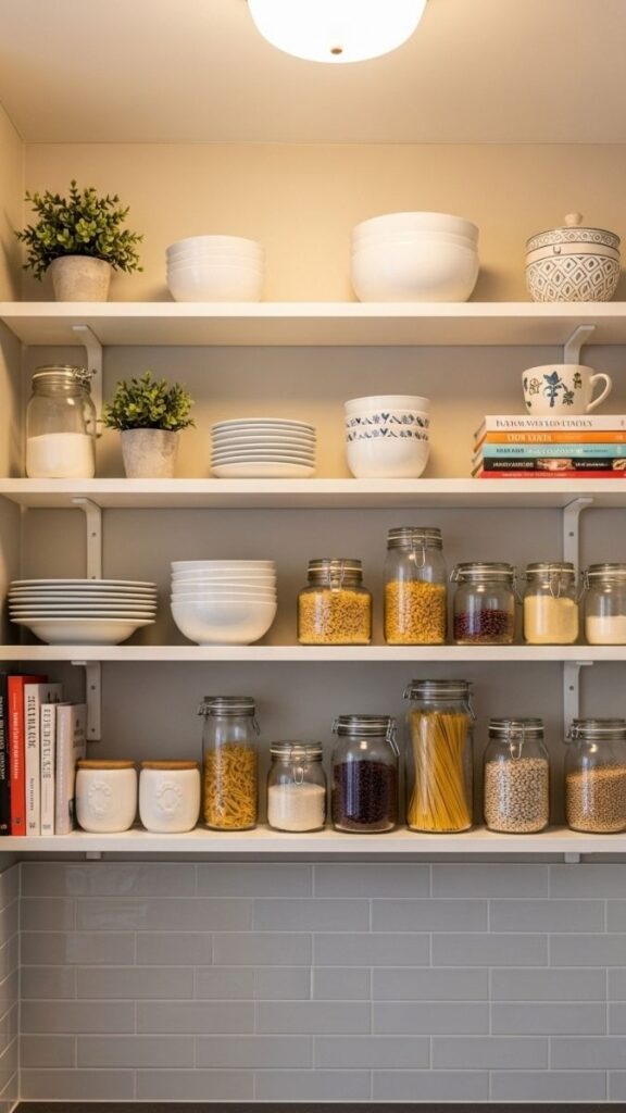 Open Shelving on One Wall Instead of Upper Cabinets