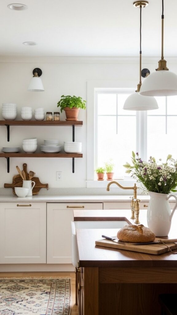 Open Wood Shelving Instead of Upper Cabinets