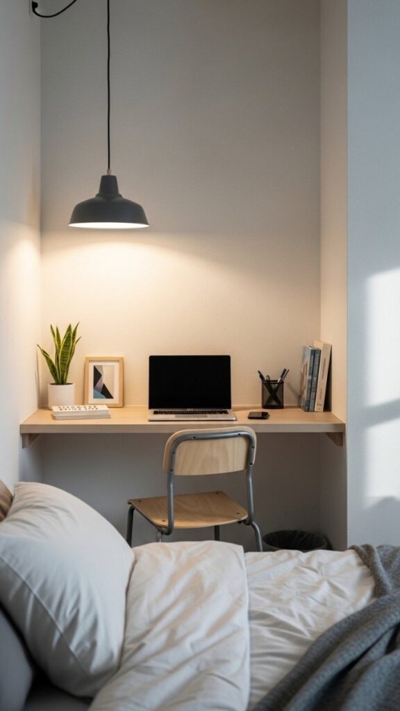 Place a Slim Desk Behind the Bed for a Sleep-Work Layout