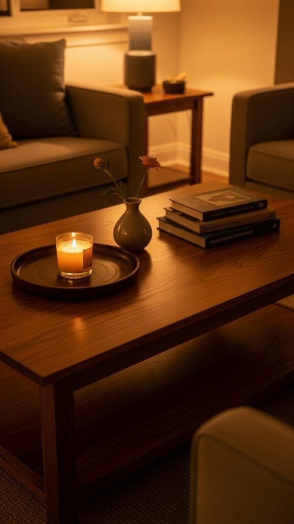 Place a Tray on the Coffee Table to Organize and Elevate Decor