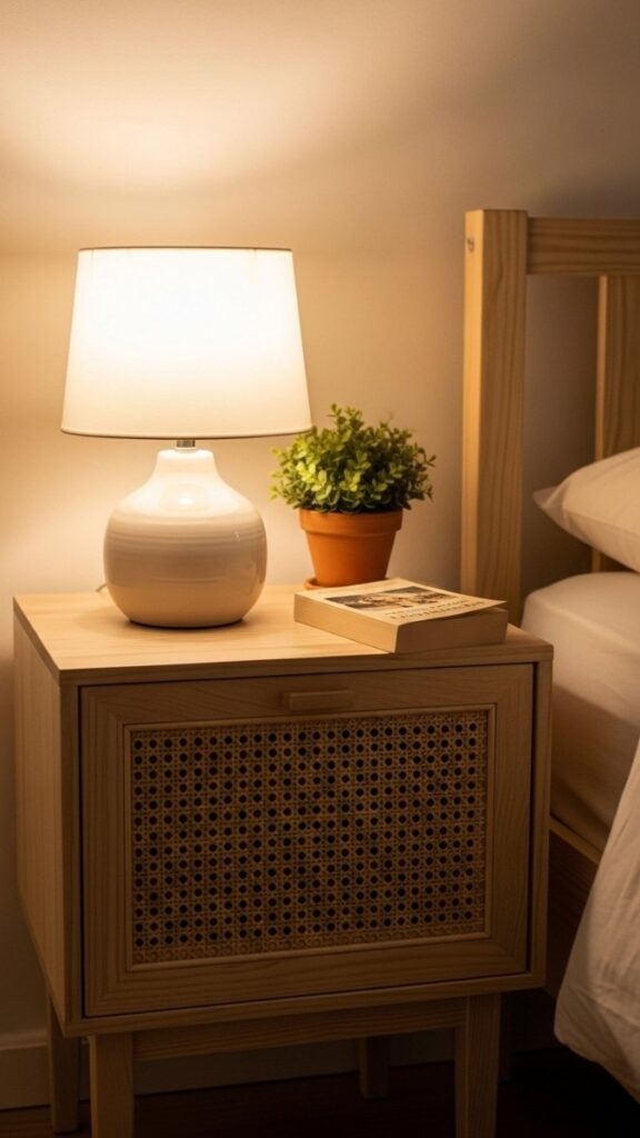 Raw Wood or Cane Nightstand With Ceramic Lamp