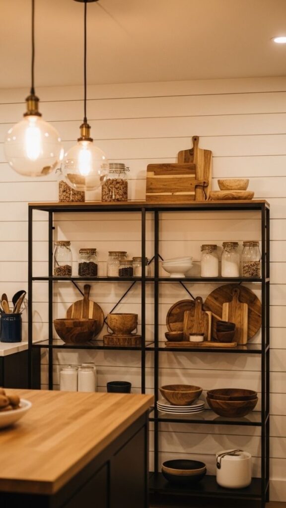 Shiplap Accent Wall Behind Open Shelving