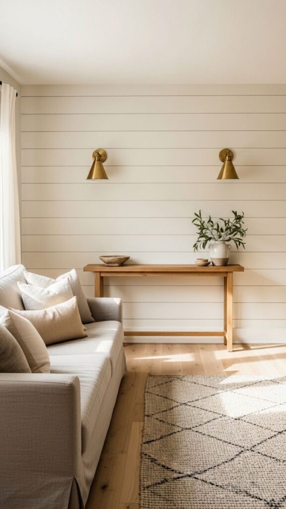 Shiplap Accent Wall With Warm White Paint and Sconce Lighting