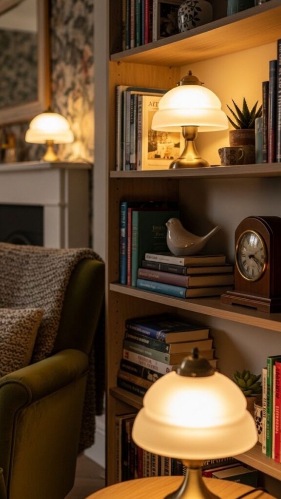 Table Lamps on Bookshelves at Different Heights for Vertical Interest