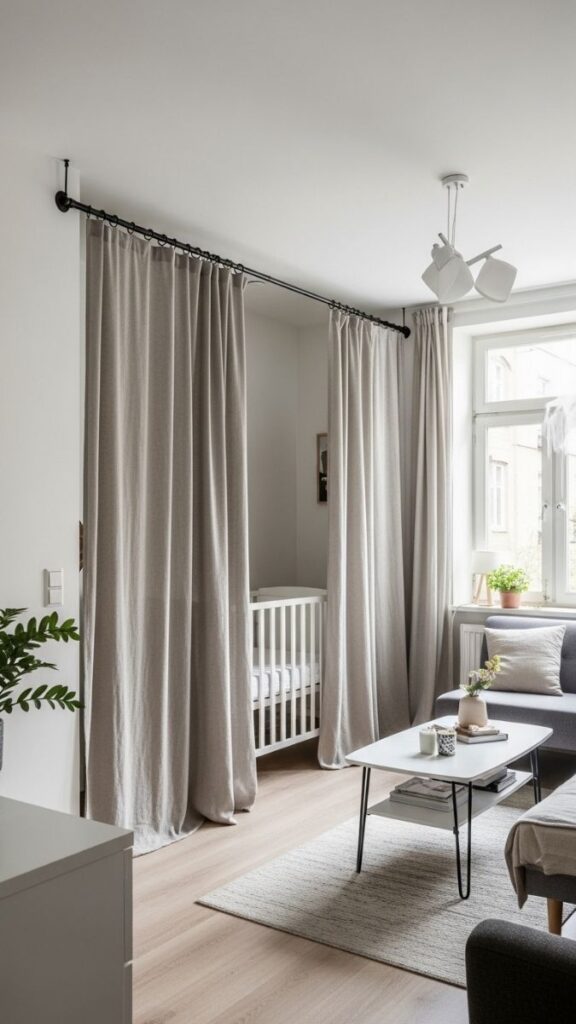 Tension Rod Curtain Divider for Nursery-in-a-Shared-Room