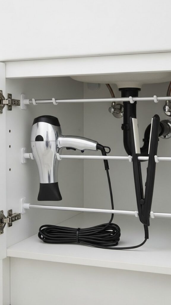 Under-Counter Tension Rods for Hair Tool Storage
