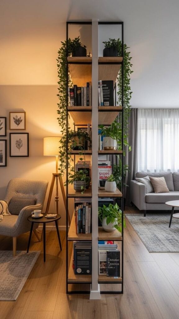 Use a Bookshelf as a Room Divider to Add Structure to Long Rooms