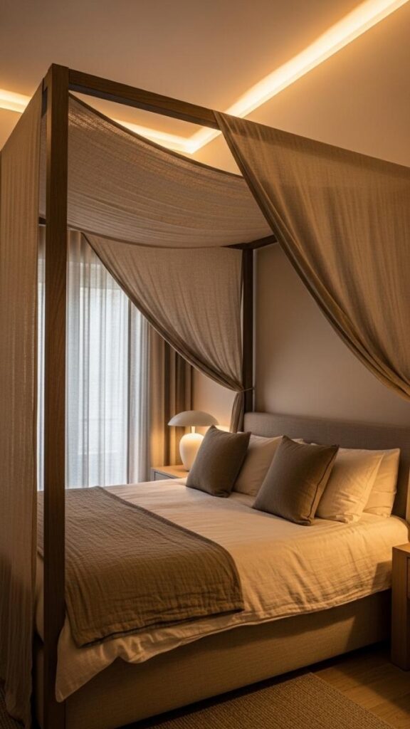 Use a Canopy or Bed Frame With a Headboard That Reaches Near the Ceiling