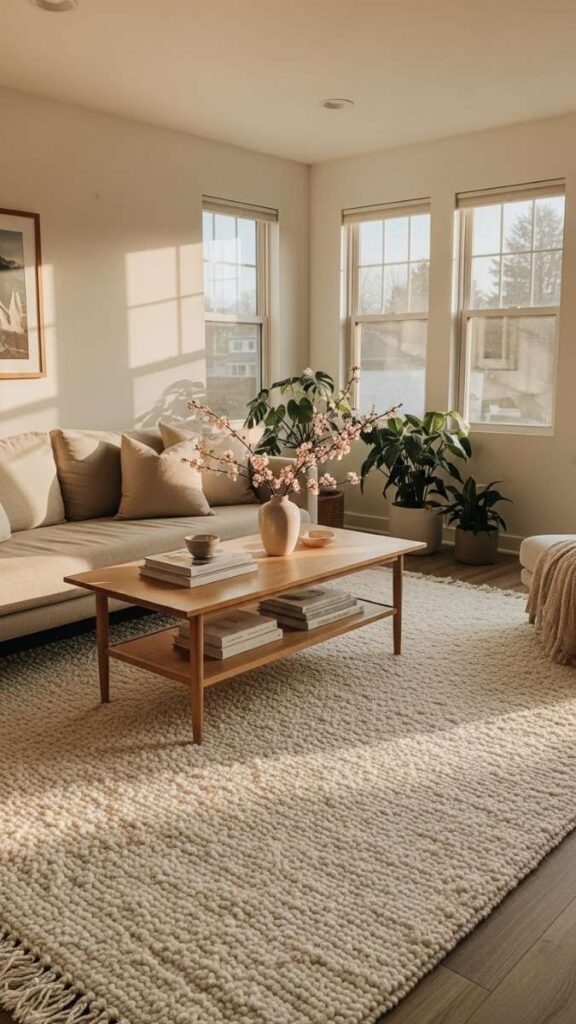 Use a Large Neutral Area Rug to Anchor the Entire Seating Area
