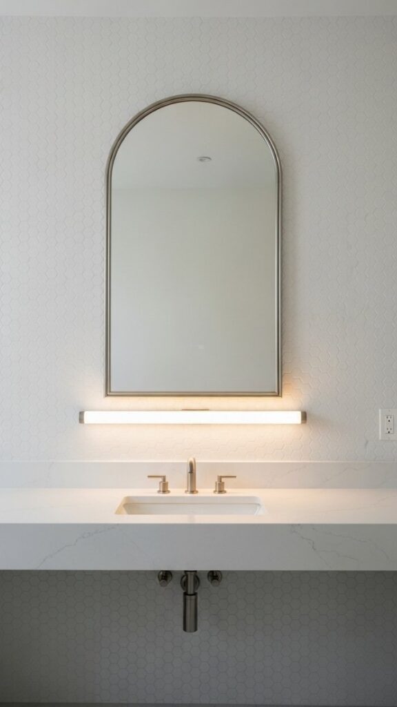 Use a Round Mirror Instead of a Rectangular One to Soften Tile-Heavy Walls