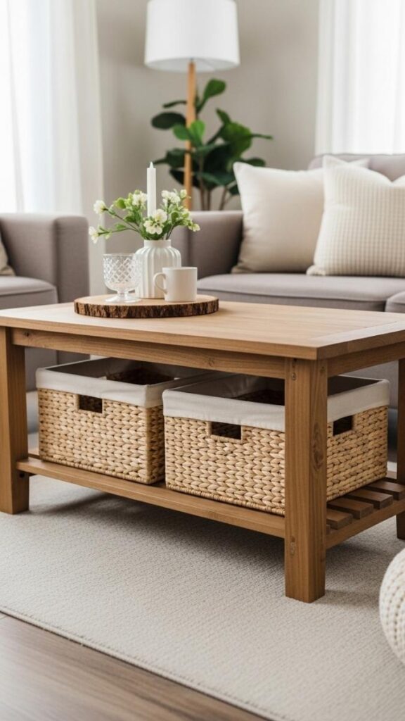 Use Baskets Under Coffee Tables for Hidden Storage