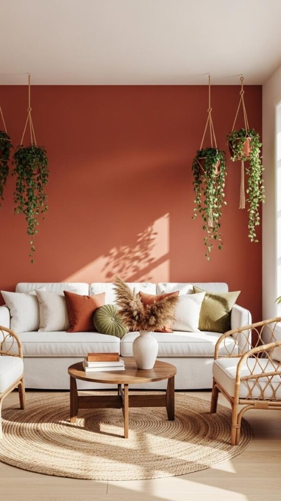 Use Earthy, Terracotta-Adjacent Paint or Wallpaper as an Accent Wall
