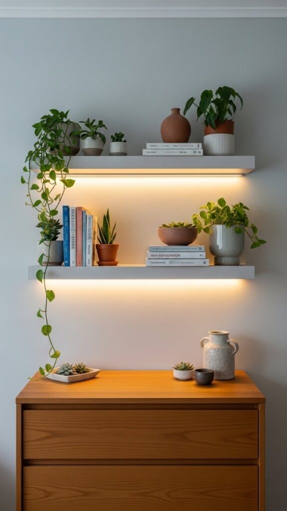 Use Open Shelving Above the Desk or Dresser as a Styled Display Area