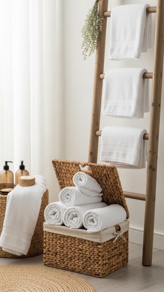 Use Rolled White Towels in an Open Basket or Ladder Rack