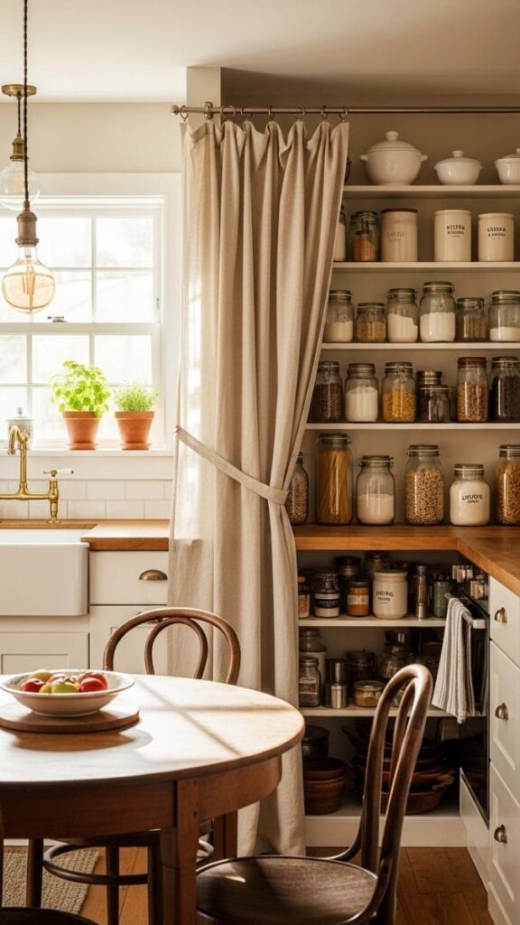 Vintage-Style Open Pantry With a Curtain