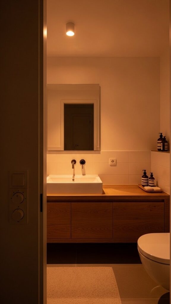 Warm Amber or Dimmer-Controlled Overhead Lighting