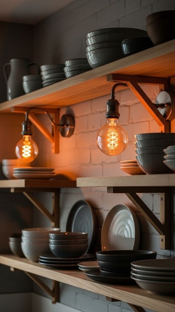 Warm Globe Bulbs in Open Shelving Fixtures
