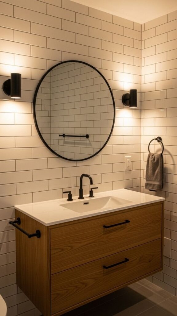 Warm-Toned Vanity With a Floating Mirror and Layered Lighting