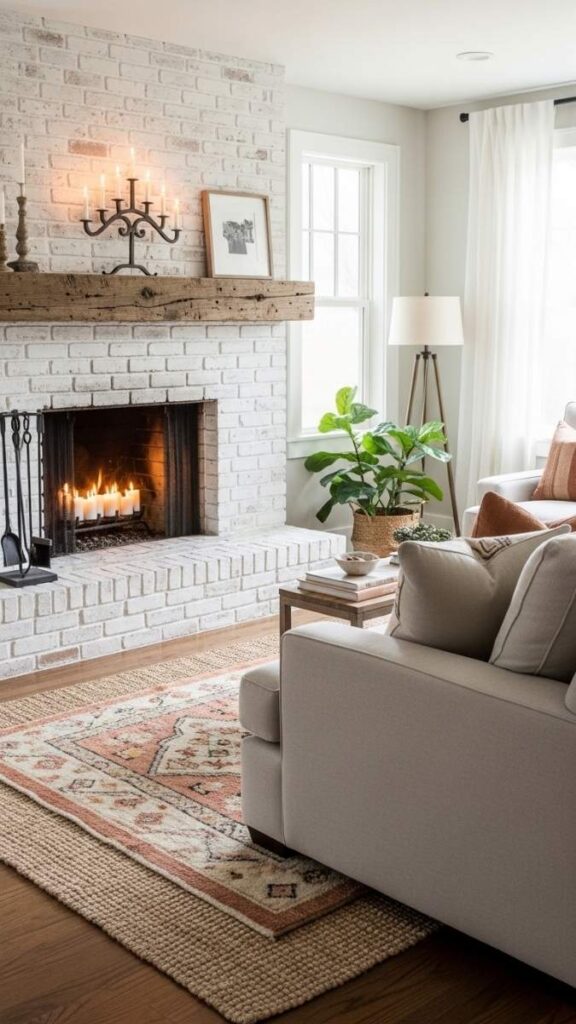 Whitewashed Brick Fireplace Surround in a Living Room