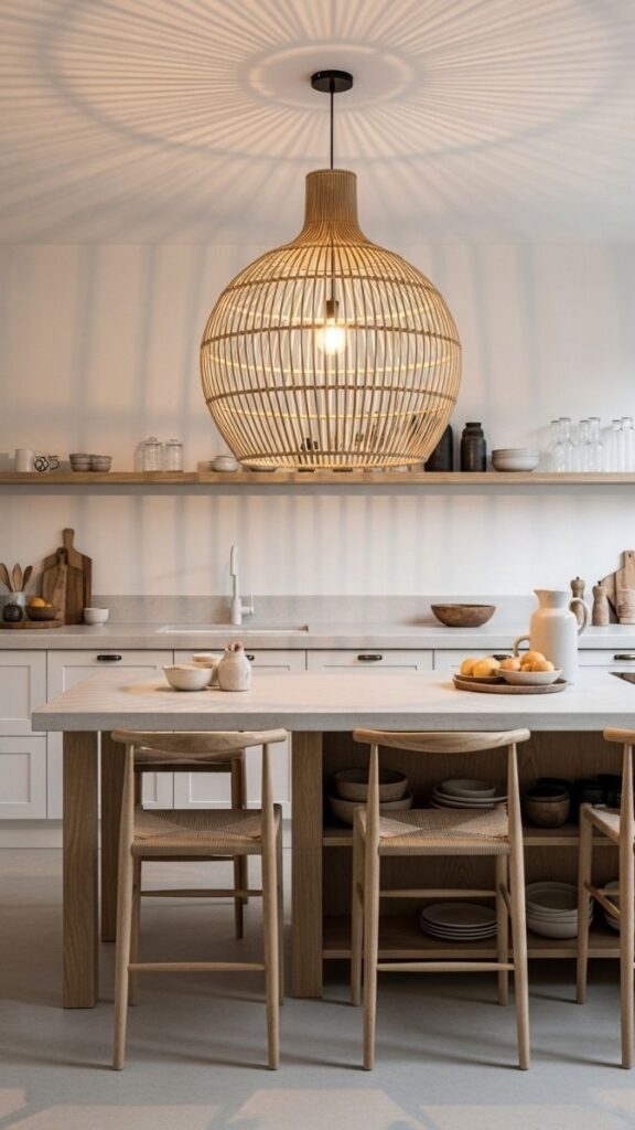 Woven or Rattan Pendant Light for Texture in a Minimalist Kitchen