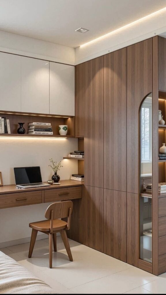 25 Minimalist Desk Setup Ideas That Are Simple, Clean, and Actually Work 12 A Bedroom Desk Integrated Into the Wardrobe Nook