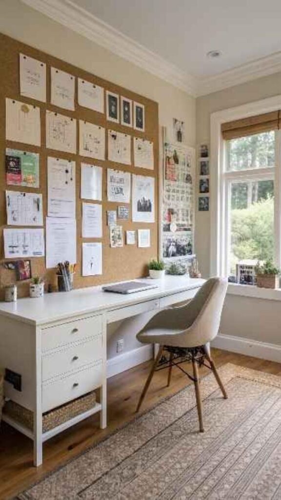 22 Home Office Wall Decor Ideas That Make Your Space Feel Intentional (Not Just Filled) 3 A Corkboard or Pegboard Styled as a Feature Wall