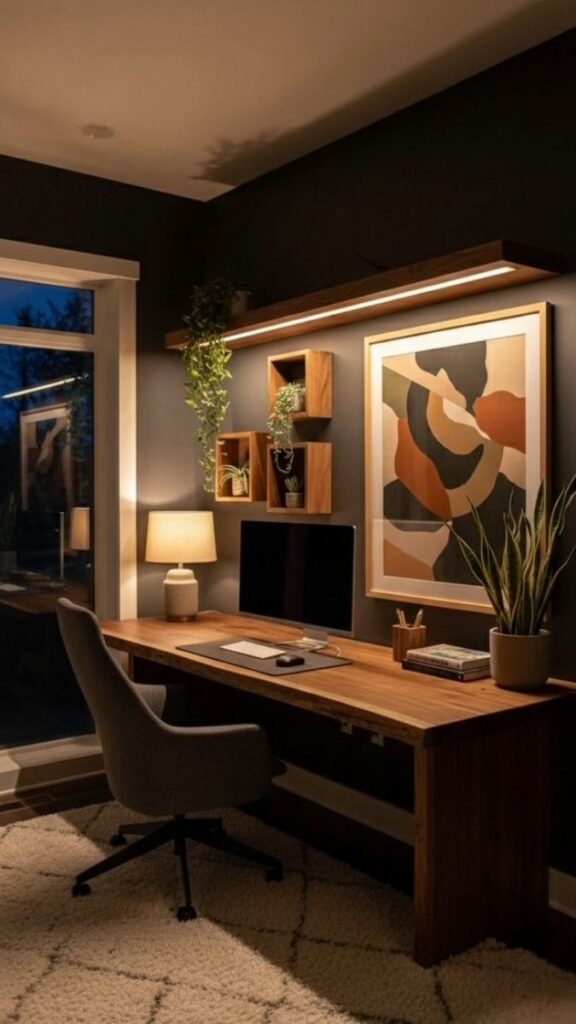 22 Home Office Wall Decor Ideas That Make Your Space Feel Intentional (Not Just Filled) 13 A Dark Accent Color on the Ceiling