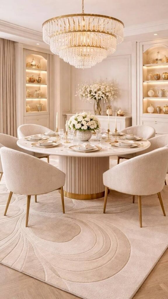 21 Dining Room Lighting Over Table Ideas That Change How the Whole Room Feels 8 A Drum Shade Chandelier for Soft, Diffused Illumination