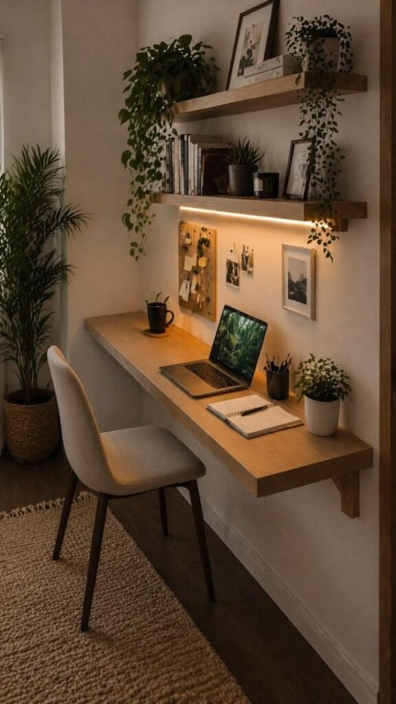 25 Minimalist Desk Setup Ideas That Are Simple, Clean, and Actually Work 13 A Floating Desk With a Vertical Wall Grid for Visual Structure