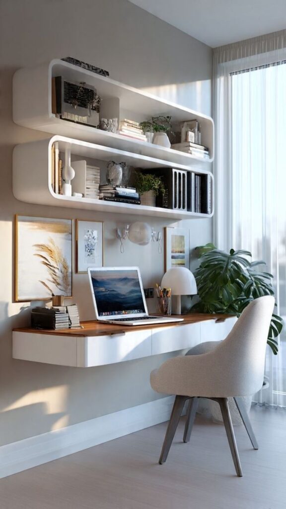 22 Home Office Wall Decor Ideas That Make Your Space Feel Intentional (Not Just Filled) 10 A Floating Desk With Wall-Mounted Task Lighting