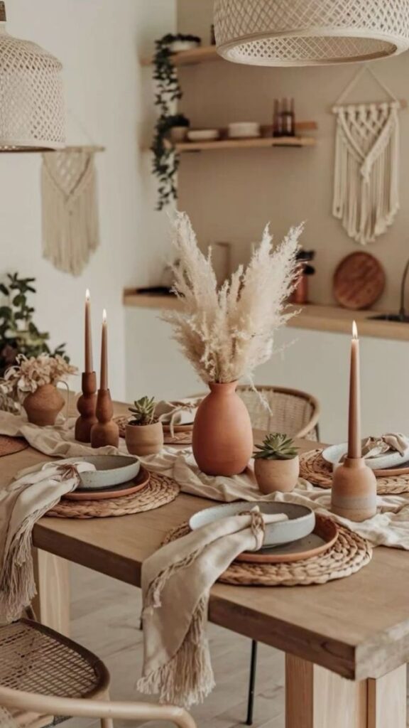 A Low Wooden Tray with Grouped Candles and a Single Trailing Plant