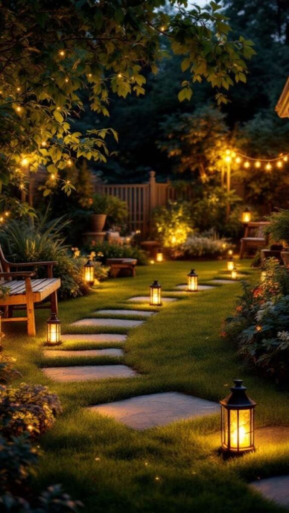 A Night Play Setup With String Lights and Solar Lanterns