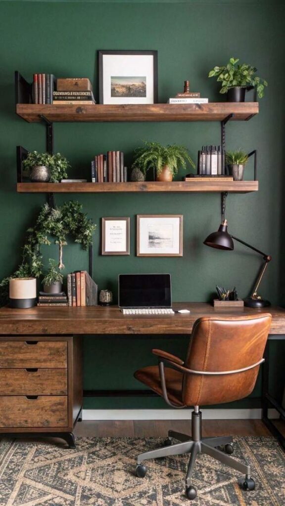 22 Home Office Wall Decor Ideas That Make Your Space Feel Intentional (Not Just Filled) 4 A Painted Accent Wall in a Muted, Saturated Tone