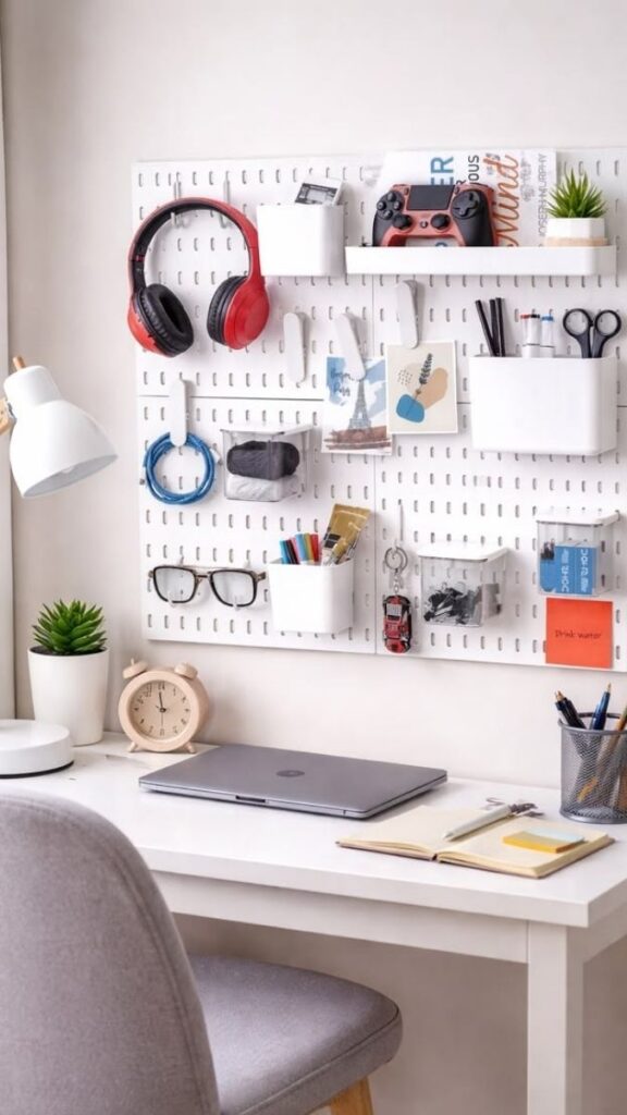 22 Home Office Wall Decor Ideas That Make Your Space Feel Intentional (Not Just Filled) 11 A Pegboard with Color-Coded Organization
