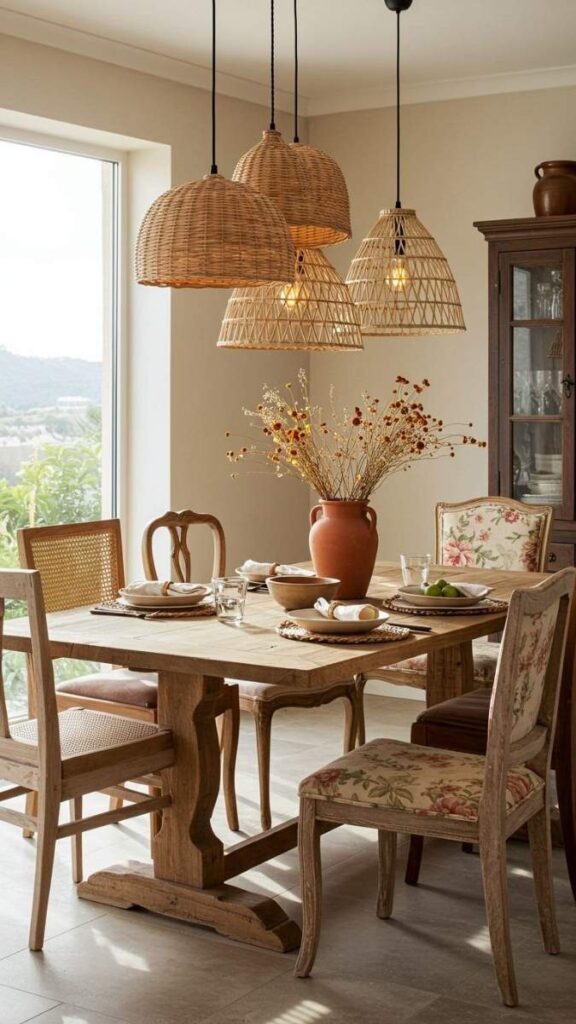 21 Dining Room Lighting Over Table Ideas That Change How the Whole Room Feels 3 A Rattan or Woven Chandelier for Warm, Diffused Light
