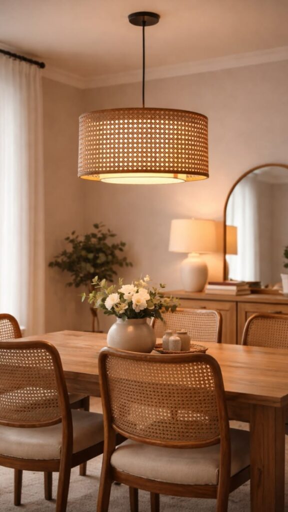 A Rattan Pendant Over a Solid Wood Table