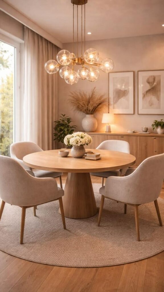 A Round Table With Upholstered Chairs in a Small Square Room