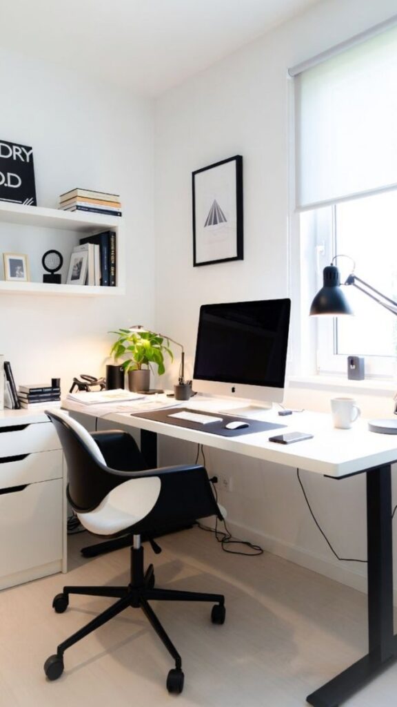 22 Home Office Wall Decor Ideas That Make Your Space Feel Intentional (Not Just Filled) 2 A Single Large-Scale Art Print Behind the Desk